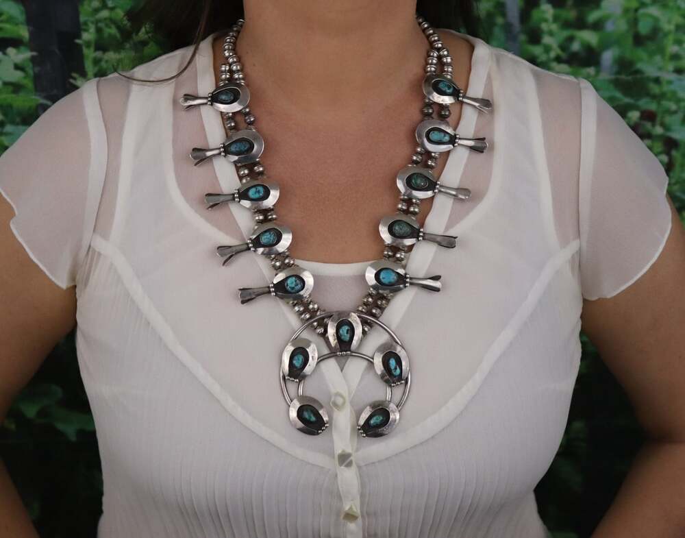 Sterling Silver Natural Turquoise Squash Blossom Necklace 23" inch - Picture 5 of 10